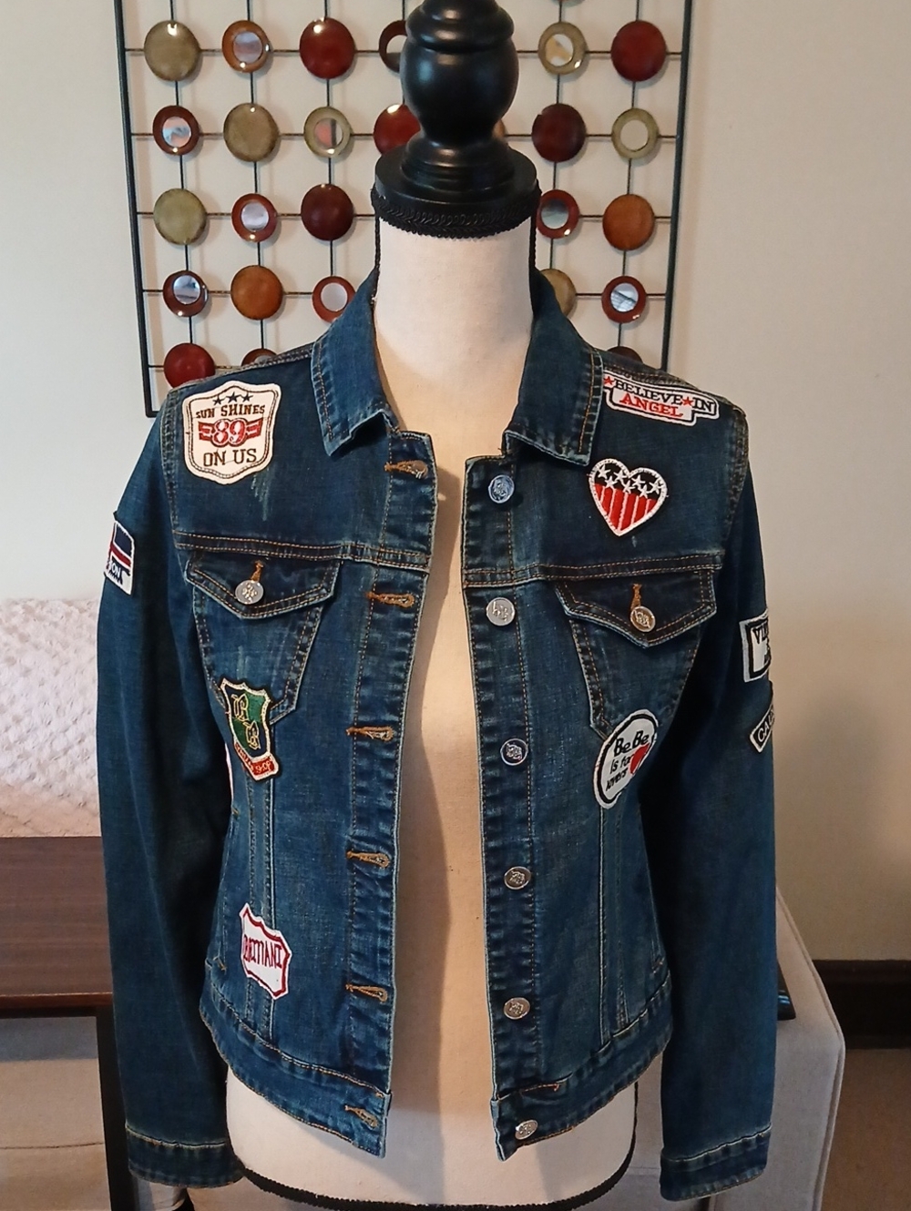 bebe Blue Denim Jacket with Patchwork Accents